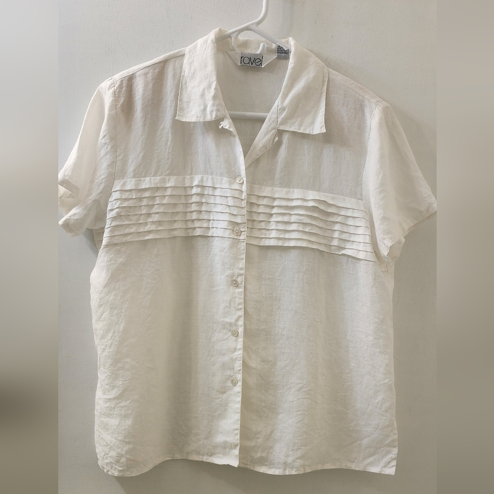 Ravel Women's White Short‎ Sleeve Shirt, Size XL, 100% Ramie.